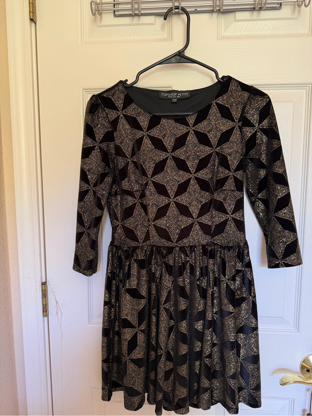 Topshop PETITE Black and Gold Geometric Velvet-Pattern Fit-and-Flare Dress